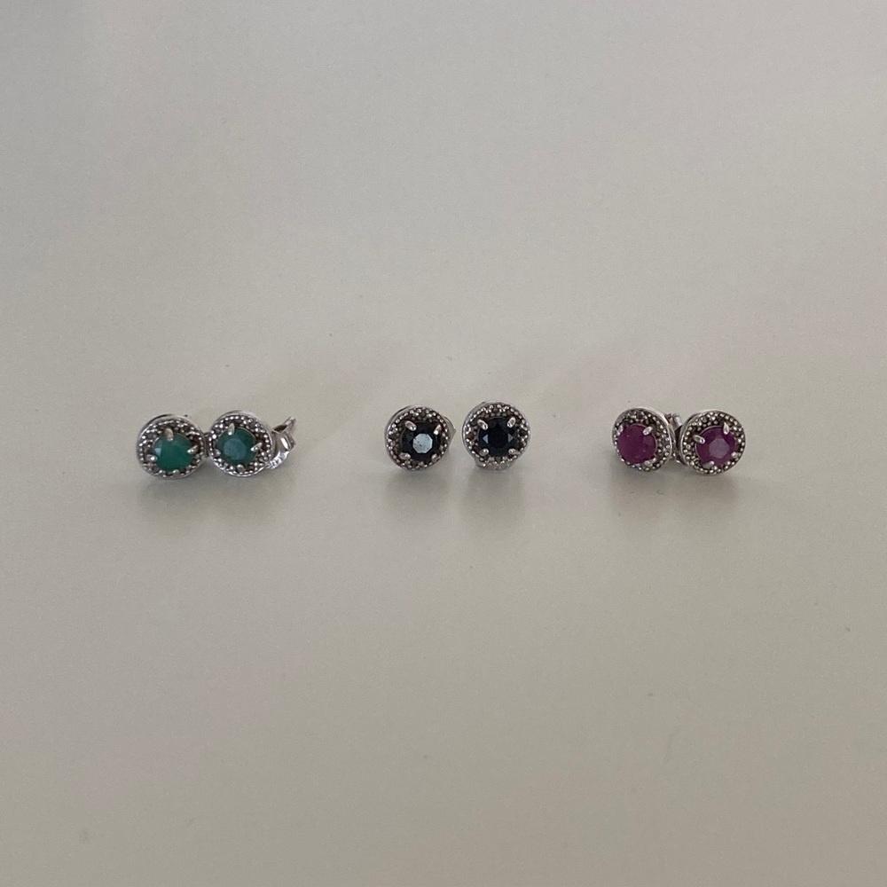 Gemstone Stud Earrings Set – Ruby Sapphire Emerald – Sterling Silver – 3 Pairs